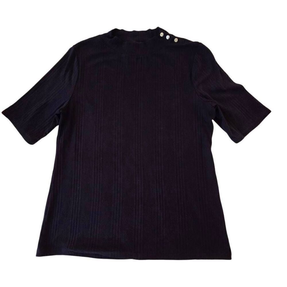 Talbots Womens Knit Button Detail Short Sleeve Blouse Top Navy Blue Size Large
